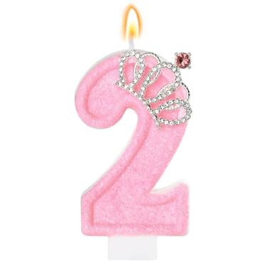 Imagem de Vela de aniversário rosa coroa número 2 velas para bolo, enfeite de bolo de aniversário rosa, decorações de cupcake, decoração de festa para meninas e mulheres, comemorações de aniversário,