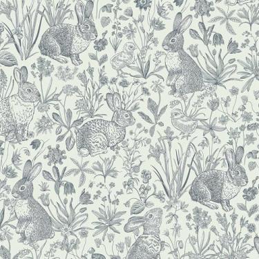 Imagem de Livelynine Papel de parede vintage de 44,5 x 701 cm de coelho floral antigo coelho higiênico caprichoso casa de fazenda papel de parede para banheiro crianças cozinha azul escuro e branco papel de