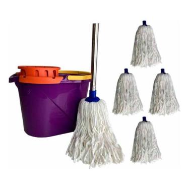 Imagem de Conjunto 5 Refil Mop Com Cabo 1,48mt+ Balde 14lt Espremedor - Roma