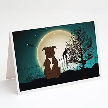 Imagem de Caroline's Treasures BB2238GCA7P Cartões de felicitações e envelopes assustadores de Halloween Staffordshire Bull Terrier Chocolate Pacote com 8, 7 x 5, multicolorido