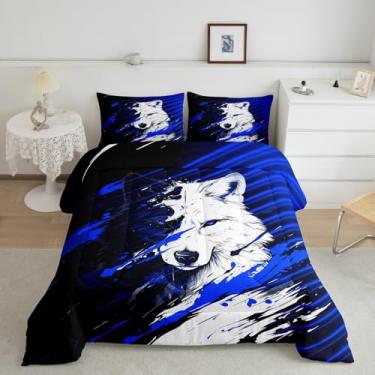 Imagem de Feelyou Conjunto de cama casal lobo, preto, azul, lobo, conjunto de edredom para crianças, meninos, meninas, lobos, desenho animado, 3 peças
