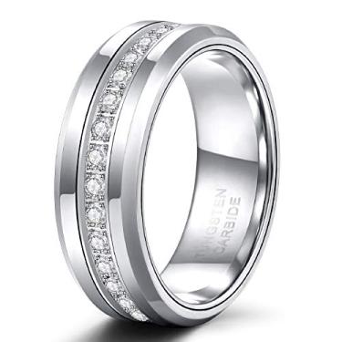 Imagem de Aliança de casamento de tungstênio masculina TRUMIUM 8 mm com zircônia cúbica anel de eternidade CZ incrustado alto polimento tamanho 7-13