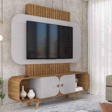 Imagem de Estante Home Ripado para TV Até 75 Polegadas 2 Portas com Pés de Madeira Maciça Embaú Bechara - Cinamomo/Off White