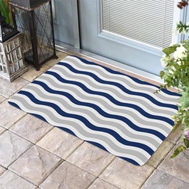Imagem de JasmineM Tapete lavável com ondulação de água azul marinho, tapetes de cozinha antiderrapantes para chão, decoração de listras azuis e cinzas, tapete de porta da frente para ambientes internos e