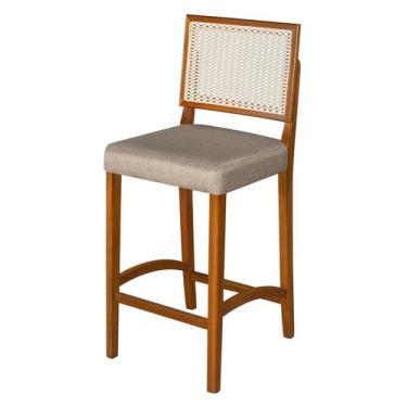 Imagem de Banqueta Alta Pés Em Madeira Maciça Com Encosto em Rattan e Assento Es