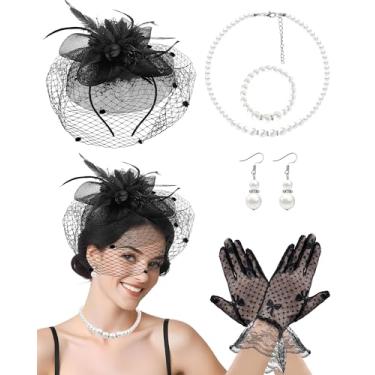 Imagem de Chapéus femininos Fascinators para festa de chá, véu de funeral, chapéu de renda, Halloween, coquetel, casamento, Preto, tamanho �nico