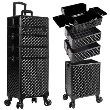 Imagem de AROUS Estojo de maquiagem com rodinhas 4 em 1, estojo de cosmetologia sobre rodas, grande carrinho de cosméticos de armazenamento com chaveiro, estojo de barbeiro de salão de viagem, porta-malas