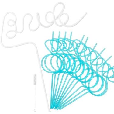 Imagem de Conjunto de 11 canudos para decoração de despedida de solteira, inclui 1 canudos brancos grandes de despedida de solteira + 10 diamantes azuis com 1 pincel para decorações de chá de panela, presentes