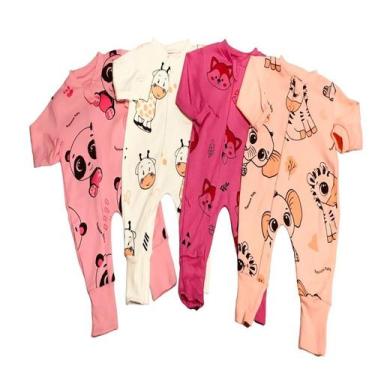 Imagem de Kit Macacão Estampado Malha Suedine 4 Peças Vira Pé Com Zíper - Pequen