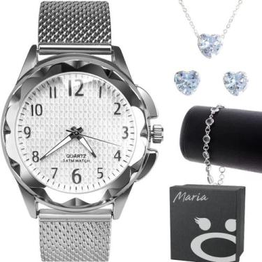 Imagem de Relogio Prata Feminine Prova Dagua Pulseira + Brinco Colar - Orizom