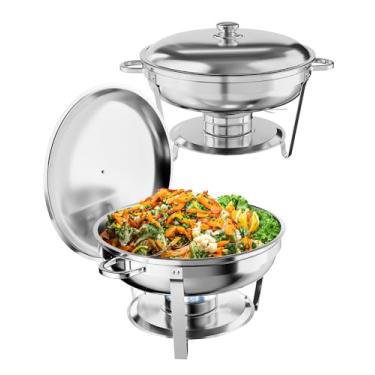 Imagem de Conjunto de 2 unidades de buffet de prato de atrito de 5 litros, aquecedores de alimentos e servidores, chafer redondo de aço inoxidável com panela de comida e água, tampa, moldura, suporte de