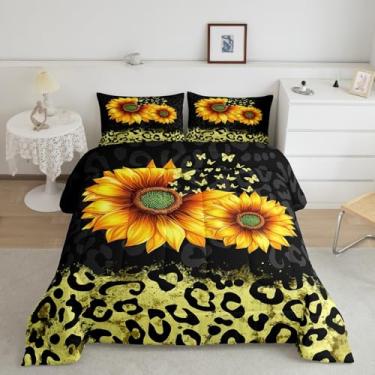 Imagem de Castle Fairy Conjunto de edredom casal com planta floral natural, estampa de leopardo, microfibra amarela, 3 peças