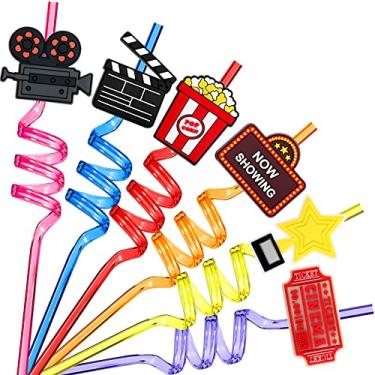 Imagem de 24 Pack Movie Night Party Supplies Movie Night Drinking Straws PET Projector Popcorn Trophy Drinking Straws Plastic Straws Red Carpet Party Decorations for Movie Night Party Favors