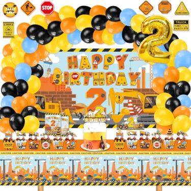 Imagem de Mpanwen Materiais De Festa De Aniversário De Construção Para Menino De 2 Anos, 139 Peças De Decorações De Festa De Caminhão Basculante Para Meninos E Bebês - Cenário, Balões, Embalagens De Cupcakes, S