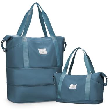 Imagem de Bolsa de viagem expansível para mulheres e homens, bolsa de ginástica grande, bolsa de fim de semana com bolso molhado, bolsa de mão à prova d'água, aprovada por companhias aéreas, Azul pavão, Large,