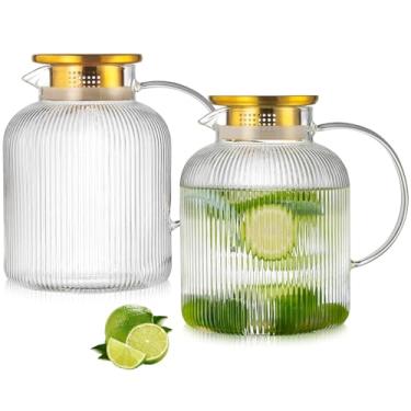 Imagem de Buaic Jarra de vidro de 2 litros de 1,927 g com tampa e bico, jarro de água com listras verticais grandes com nervuras de vidro borossilicato para bebida fria, café, limonada, chá de sol, resistente
