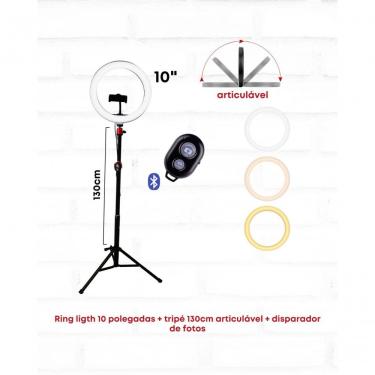 Imagem de Ring Light 10 (26cm) Polegadas + Tripé 130cm + Phone Clip + Adaptador Ball Head + Disparador De Fotos