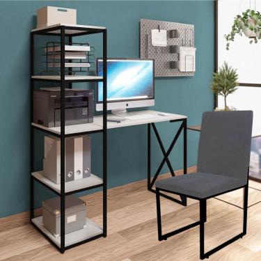Imagem de Kit Escritório Mesa Max Bex 5 Prateleiras E Cadeira Stan Preto Tampo Branco Suede Cinza - Amey Decor