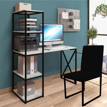 Imagem de Kit Escritório Mesa 5 Prateleiras E Cadeira Stan Preto Tampo Branco Corino Preto - Amey Decor