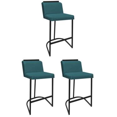 Imagem de Kit 03 Banquetas Com Encosto Confort Bistrô Cozinha Ferro Preto Suede Azul Turquesa Amey Decor