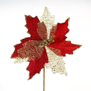 Imagem de Flor Cabo Artificial Decoração De Natal Brilho Vermelha 24cm