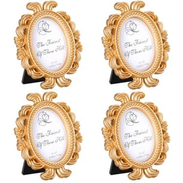 Imagem de Vicenpal Porta-retratos pequenos vintage barroco antigo, porta-retratos ovais, tamanho carteira para casamento, casa vitoriana, decoração de Natal (ouro, 4 peças)
