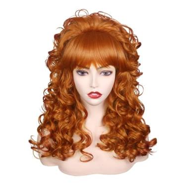 Imagem de FantaLook Peruca Longa Cacheada Vintage Para Cosplay Dos Anos 80 Com Franja Mulheres, Fantasia De Rainha 60 E 70 Festa Halloween (Castanho-Avermelhado)