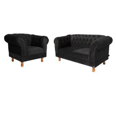 Imagem de Uma Namoradeira + Uma Poltrona Chesterfield Capitone - Suede Preto / D