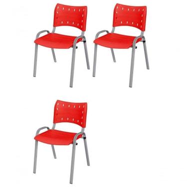 Imagem de Cadeira Iso Base Cinza, Igreja, Escola, Escritório - Vermelho Kit 3 Peças