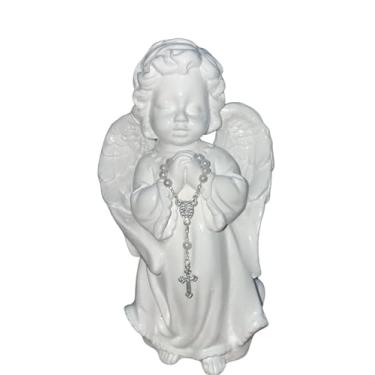 Imagem de Anjo Decorativo em Gesso, 20 cm Altura x 10 cm Largura, Branco com Terço Estilo Religioso Presente Católico Manto Decoração Imagens Lembrança Filho dia das Mães crianças natal (Branco Brilhante)