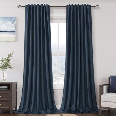 Imagem de Cortinas de janela azuis vintage pretas completas, painéis de 260 cm de comprimento, conjunto de 2 painéis para sala de estar, cortina blecaute longa texturizada de algodão com suporte cortinas com