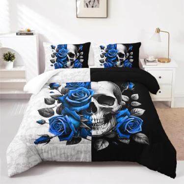 Imagem de AILONEN Conjunto de edredom de caveira rosa azul, tamanho casal, crânio da morte, gótico, para crianças, adolescentes e adultos, conjunto de edredom preto e branco, 1 colcha + 2 fronhas, 3 peças