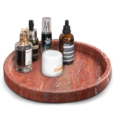 Imagem de XINFUHUA Bandeja de travertino natural para bancada de banheiro e mesa de centro, prato de servir de pedra redonda com acabamento em mármore (vermelho, 25 cm)