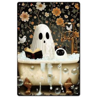 Imagem de SUPERDANT Ghosts and Cat in the Bath Metal Tin Sign Retro Ghost of Reading Poster Placa decorativa de arte de parede para quarto homem caverna café bar decoração pub garagem decoração de parede