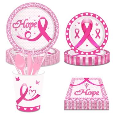 Imagem de Conjunto de 77 utensílios de mesa descartáveis para câncer de mama com fita rosa, inclui pratos, copos, canudos, facas, garfos, toalhas de papel, adequado para festa temática crua, bebida, piquenique