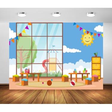 Imagem de Loccor Pano de fundo de tecido de 2,1 x 1,5 m para sala de aula, desenho animado, interior escolar, sala de aula, móveis, janela deslizante para crianças, decoração de festa de volta às aulas
