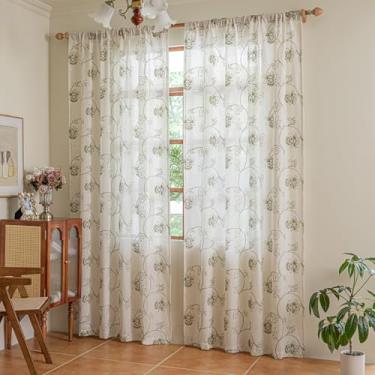 Imagem de LSsudayin Cortinas bordadas de mistura de linho para quarto, estilo boêmio, semi-blackout, tratamentos de janela florais com ganchos de bolso para varão bege verde combinando 2 peças 163 polegadas