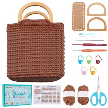 Imagem de FREEBLOSS Kit de bolsa de crochê para iniciantes, kit de confecção de bolsas de crochê, conjunto para iniciantes com instruções, parte inferior de couro PU, alça de madeira em forma de D, bolsa