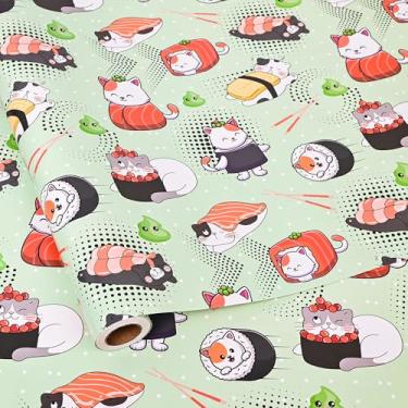 Imagem de Dtiafu Rolo de papel de embrulho de gato Sushi Engraçado Kawaii Gato Japonês para Meninas Meninos Mulheres Amantes de Animais de Estimação Aniversário Férias Chá de Bebê - Total 28,5 m²