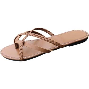 Imagem de Sandálias femininas de tiras, sandália ortopédica, chinelos de tecido, sapatos leves verão com bico redondo, confortáveis ​​e confortáveis, rasteirinhas, chinelo(Brown,41 EU)