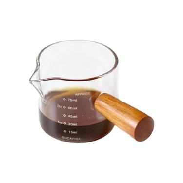 Imagem de 1 Pcak Copo de dose expresso de bico único com cabo de madeira, boca em forma de V, copo medidor de vidro transparente de 75 ml, jarra de espuma de leite, ajuste à mão esquerda (individual)