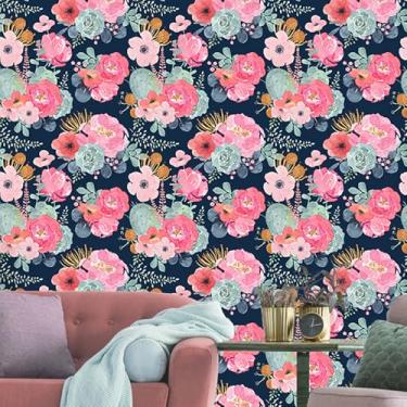 Imagem de MulYeeh Papel de parede de 44,5 cm x 299,7 cm, papel de parede floral rosa vintage, base marinha, papel de contato, vinil, impermeável, autoadesivo para locatário, decoração de armário de papel de