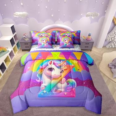 Imagem de Erosebridal Conjunto de edredom para meninas, unicórnio, 7 peças, com monograma, letra Z, desenho animado arco-íris, unicórnio, céu estrelado e edredom