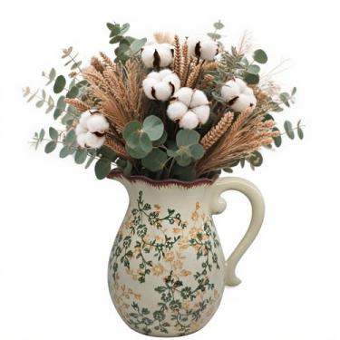 Imagem de Vaso de cerâmica vintage para decoração de casa - Vaso grande rústico de mesa para decoração de sala de estar, estante de livros, escritório, cozinha, chalé, vasos brancos para buquê, com alça | Grand