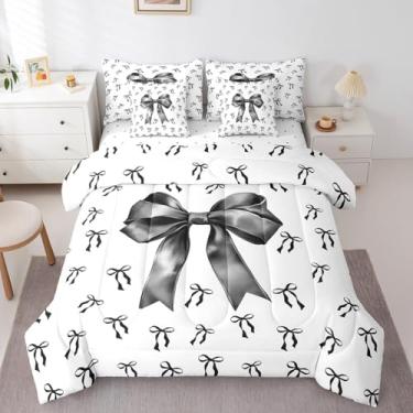 Imagem de Erosebridal Jogo de edredom com laço preto fofo com nó de fada, conjunto de cama casal de 7 peças, preto e branco em uma bolsa, romântico, simples, com lençol de cima