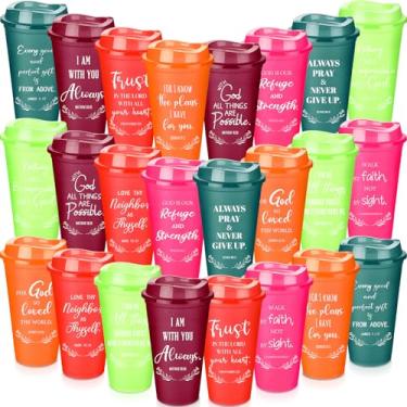 Imagem de Skylety 72 peças copos cristãos versículo bíblico copos de café de plástico com tampas e canudo 473 ml canecas de igreja para mulheres homens escrituras presentes religiosos ideais para escritório em