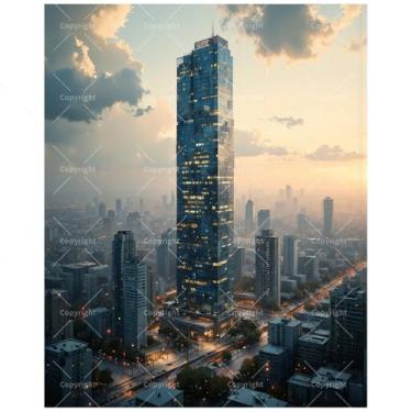 Imagem de Kit de pintura de paisagem urbana por números para adultos – arranha-céus de vidro DIY na cidade moderna ao anoitecer pintura em tela 40,6 x 50,8 cm, conjunto de tinta acrílica, adequado para