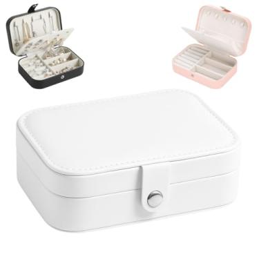 Imagem de Porta Joias Organizadora Bijuterias Portátil para Viagem Caixa Maleta Estojo Organização Aneis Prata Ouro Acessórios Brincos com Botão Couro PU com Divisórias (Branco)