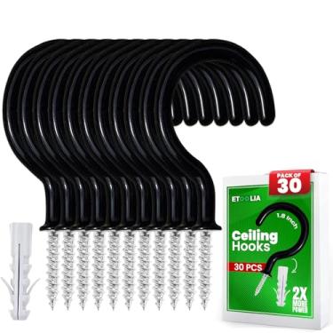 Imagem de Etoolia 30 ganchos de teto para pendurar plantas, copos, utensílios e luzes – Parafuso revestido de vinil preto de 3,5 cm na planta e ganchos de copo embaixo do armário para madeira e drywall com