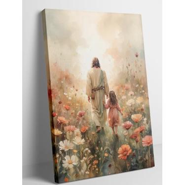 Imagem de Arte de parede em tela Jesus andando com menina Jesus Flower Field Pinturas em aquarela Imagens de decoração de parede cristã I Will Walk With Christ Impressões Deus religioso para quarto de bebê